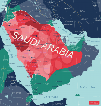 Saudi Arabia country detailed editable map with regions cities and towns, roads and railways, geographic sites. Vector EPS-10 file