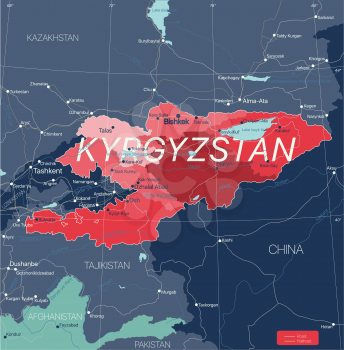 Kyrgystan country detailed editable map with regions cities and towns, roads and railways, geographic sites. Vector EPS-10 file