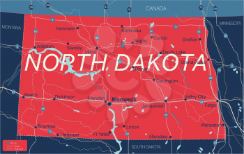 North Dacota state detailed editable map with cities and towns, geographic sites, roads, railways, interstates and U.S. highways. Vector EPS-10 file, trending color scheme