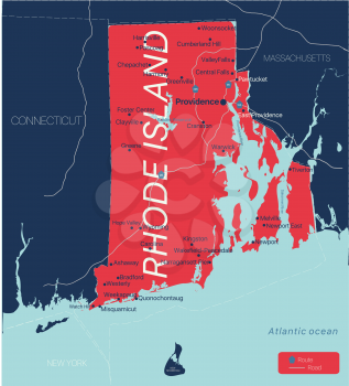 Rhode Island state detailed editable map with cities and towns, geographic sites, roads, railways, interstates and U.S. highways. Vector EPS-10 file, trending color scheme