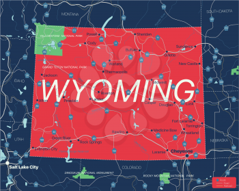 Wyoming state detailed editable map with cities and towns, geographic sites, roads, railways, interstates and U.S. highways. Vector EPS-10 file, trending color scheme