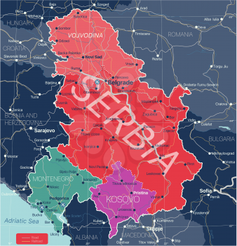 Serbia Kosovo and Montenegro countries detailed editable map with regions cities and towns, roads and railways, geographic sites. Vector EPS-10 file