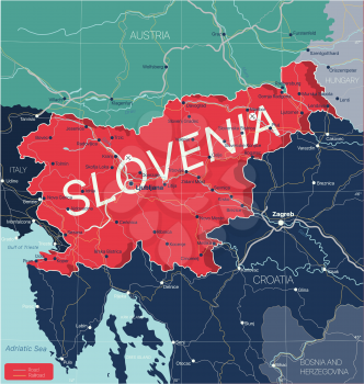 Slovenia country detailed editable map with regions cities and towns, roads and railways, geographic sites. Vector EPS-10 file