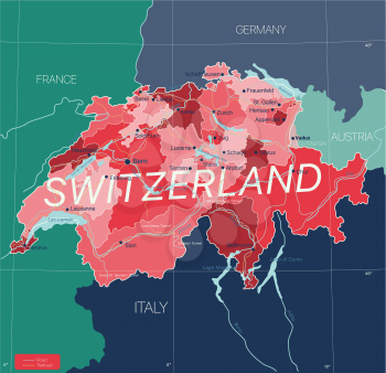 Switzerland country detailed editable map with regions cities and towns, roads and railways, geographic sites. Vector EPS-10 file