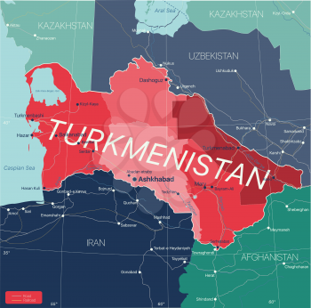 Turkmenistan country detailed editable map with regions cities and towns, roads and railways, geographic sites. Vector EPS-10 file