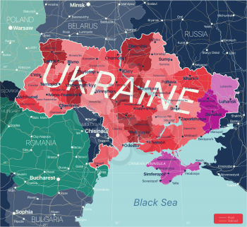 Ukraine detailed editable map with regions cities and towns, roads and railways. Vector EPS-10 file