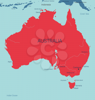 Australia continent vector map with cities. Vector editable illustration. Trending color scheme