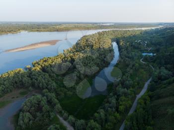 Aerial view of big siberian Ob river in beauty summer day, drone shot