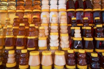 A lot of jars with natural organic honey. Altai region