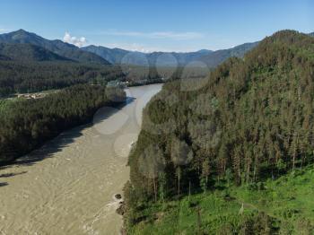 Aerial view of Katun river, in Altai mountains