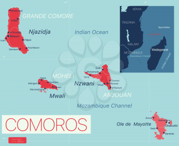 Comores Islands detailed editable map with regions cities and towns, roads and railways, geographic sites. Vector EPS-10 file