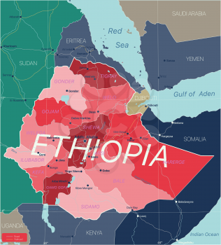 Ethiopia country detailed editable map with regions cities and towns, roads and railways, geographic sites. Vector EPS-10 file