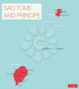 Sao Tome and Principe detailed editable map with regions cities and towns, roads and railways, geographic sites. Vector EPS-10 file