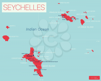 Seychelles islands detailed editable map with regions cities and towns, roads and railways, geographic sites. Vector EPS-10 file