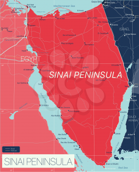 Sinai Peninsula detailed editable map with regions cities and towns, roads and railways, geographic sites. Vector EPS-10 file