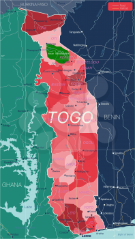 Togo country detailed editable map with regions cities and towns, roads and railways, geographic sites. Vector EPS-10 file