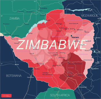 Zimbabwe country detailed editable map with regions cities and towns, roads and railways, geographic sites. Vector EPS-10 file