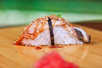 sushi unagi with sauced slice of smoked eel