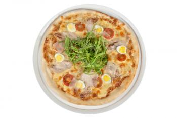 meat pizza with chicken, rukkola and eggs isolated on white