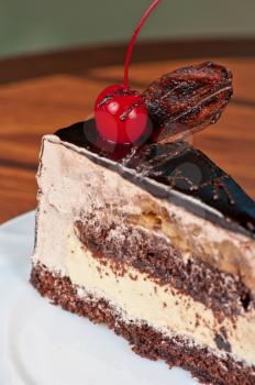 tasty piece of cherry cake closeup