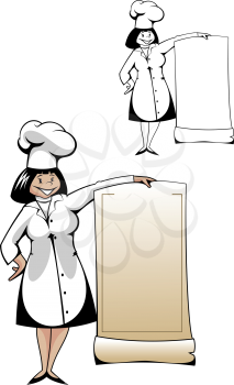 Royalty Free Clipart Image of a Female Chef Holding a Sign