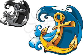 Cartoon vintage anchor in sea water for tattoo design