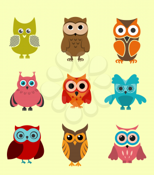 Set of doodle owls for funny decoration