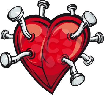 Retro heart with bent nails for tattoo or mascot design