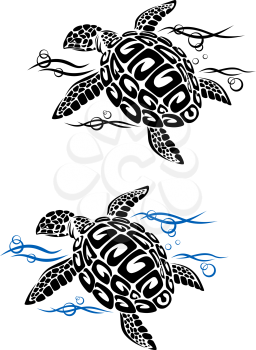 Turtle in sea water in cartoon style for tattoo or environment design
