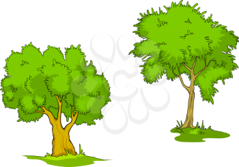 Green cartoon trees isolated on white background
