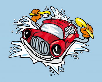 Cartoon car with sponge and shampoo for cleaning and washing service design