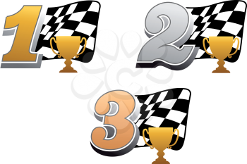 Chequered racing flag with trophy and golden, silver and bronze numbers