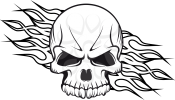 Human skull with flames for tattoo or mascot design