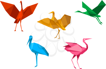 Cranes, storks and herons birds in origami style isolated on white background