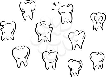 Set of health and illness teeth isolated on white background