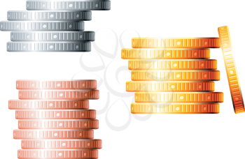 Stacks of golden, silver and bronze coins isolated on white background for finance concept design