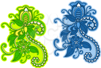 Abstract floral pattern with embellishments and elements in green and blue colors