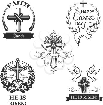 Easter holiday isolated sign set. Cross, crucifix and dove bird symbol, adorned with floral wreath, ribbon banner and fleur-de-lis. Easter celebration badge for church event design