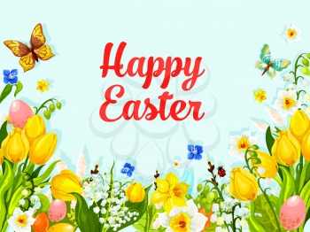 Happy Easter greeting card of paschal eggs hunt in springtime flowers bunch of tulips, snowdrops and lily of valley with butterfly and ladybug. Easter vector template for Resurrection Sunday religion 