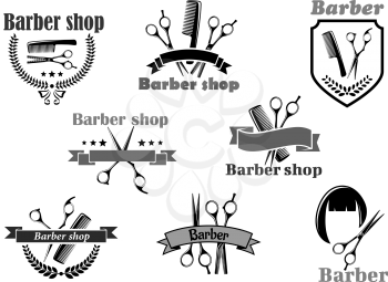 Barber shop or hairdresser salon icons. Vector symbols of hairbrush comb and scissors, hair haircut. Premium badges, wreath ribbons and stars set for coiffeur or hipster trend haircutter sign