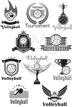 Volleyball tournament awards or sport club symbols and badges set. Vector icons of game ball and winner prize cup award, referee whistle and goal gates with victory laurel wreath and crown