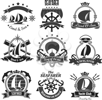 Nautical symbols and badges for yacht club or seafarer Vector marine heraldic icons of anchor, ship helm and sailor compass or knot and life buoy. Ribbons and crowns with chains, trident and voyager b