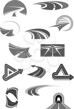 Road and highways with tunnels and directions icons for travel company, construction service or tourist agency. Vector template symbols set of path and way for car or transport navigation