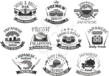 Japanese sushi and seafood restaurant premium icon templates. Sushi bar menu of salmon sashimi, caviar rolls and tempura shrimp or prawn. Vector symbols of tea pot, soy sauce and chopsticks