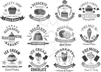 Bakery desserts and cakes template icons for pastry or patisserie menu or sign template. Chocolate biscuits, ice cream and muffins, pudding and tortes or torte pies, cheesecake or brownie and gingerbr
