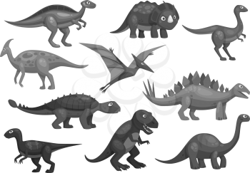 Dinosaurs or dino jurassic cartoon characters of t-rex tyrannosaurus, brontosaurus and triceratops lizard, pterosaur or pterodactyl bird. Vector isolated icons set