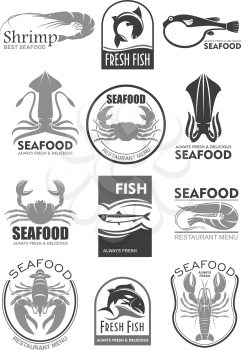 Seafood and fish food restaurant menu or fresh fish market store. lobster or crab crayfish, shrimp or prawn and flounder, tuna and salmon fish, squid, herring sprat and octopus. Vector template icons 