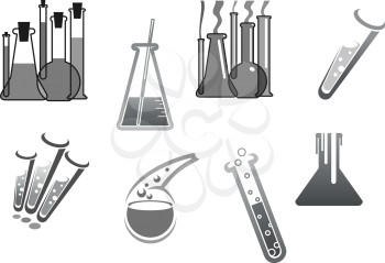 Chemistry and chemical tubes and vials icons. Chemical glass bottles with reagents for laboratory tests research. Medical pharmaceutical or oil biochemical concept design. Vector isolated symbols set
