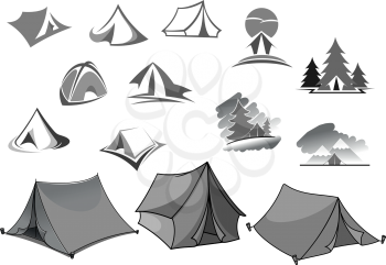 Camp tent icons for camping adventure or forest backpacking or outdoor hiking tourism or travel agency and company. Holiday scout camping place or picnic campsite isolated vector symbols