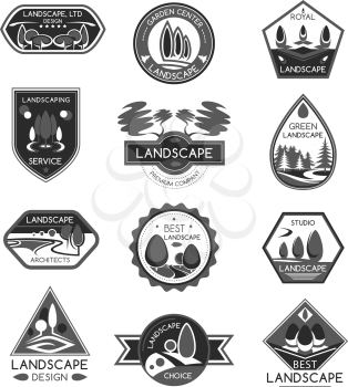 Landscape and gardening service company icons templates. Home architectural eco planting landscaping design project of garden of green plants and trees. Vector isolated set for eco environment horticu